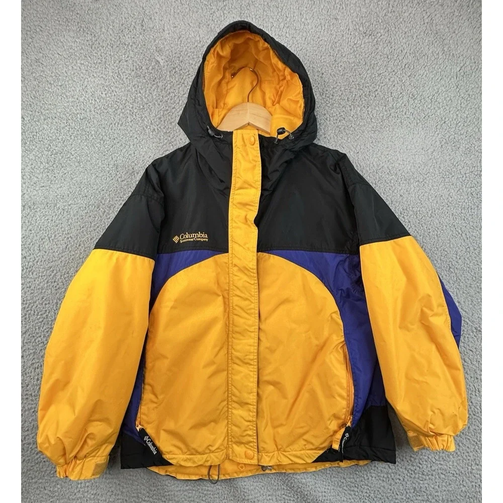 VTG Columbia Hooded Jacket Womens Medium Yellow Blue Black Full Zip Winter Ski